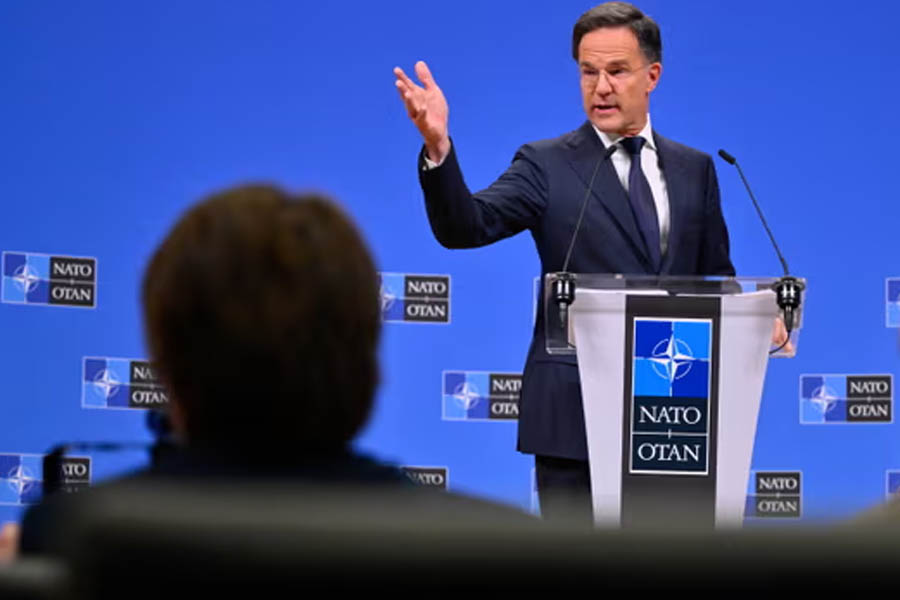 Nato secretary general Mark Rutte delivers remarks during the pre-ministerial press conference at the Nato headquarters, in Brussels.